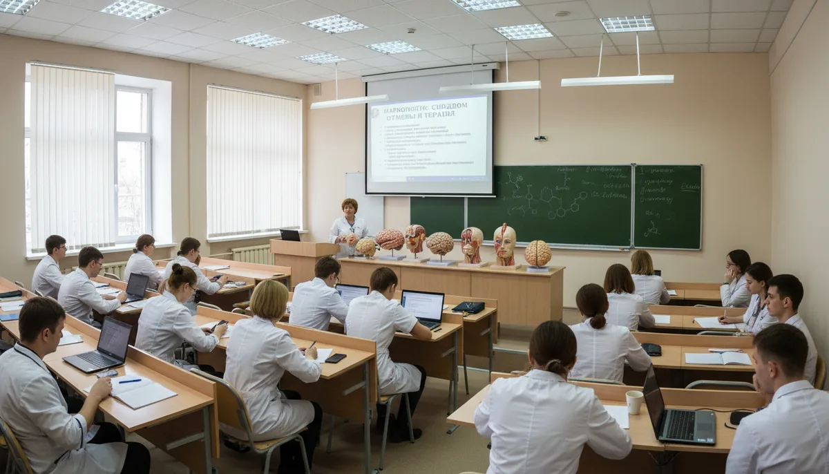 Учебная аудитория медицинского вуза, врачебные халаты, лекционные материалы, наркологическая тематика