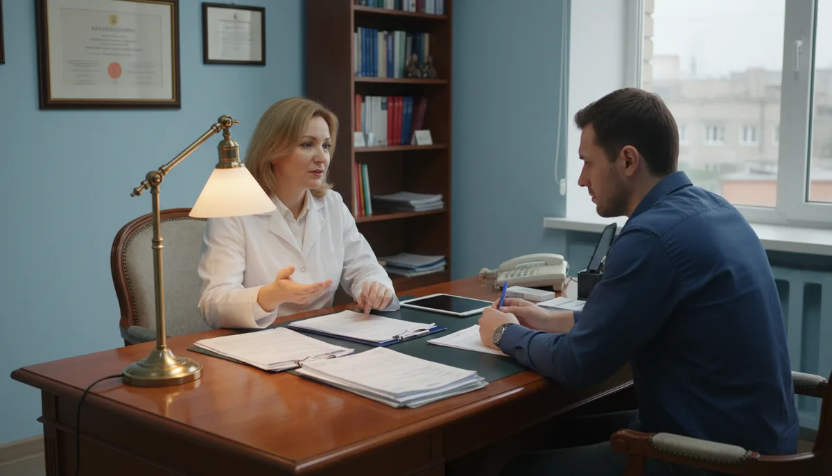 Врач-нарколог проводит консультацию пациента, медицинский кабинет, настольная лампа, бланки документов